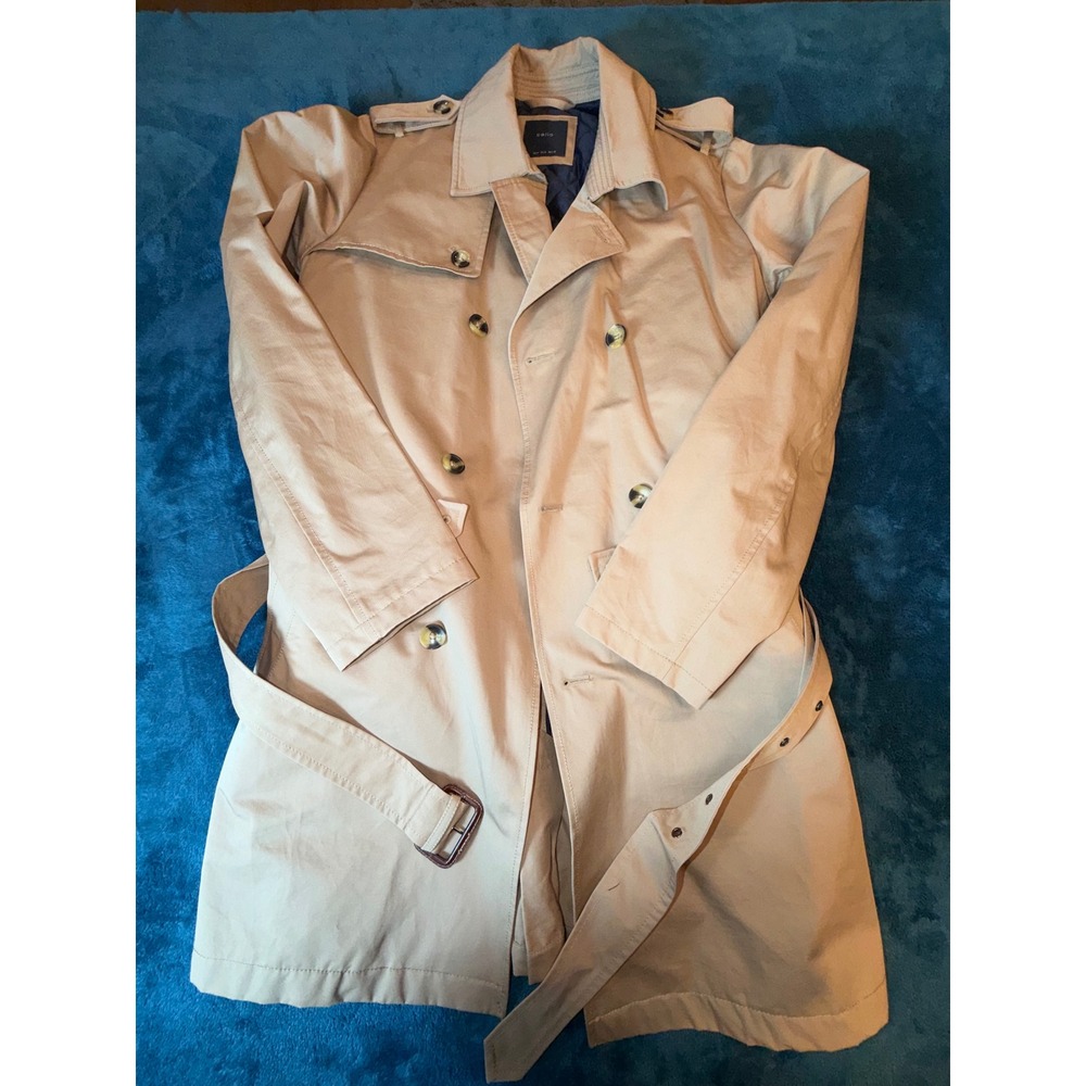 Celio Mens Double Breasted Trench Coat Tan Beige Quilted Lining Belted Medium